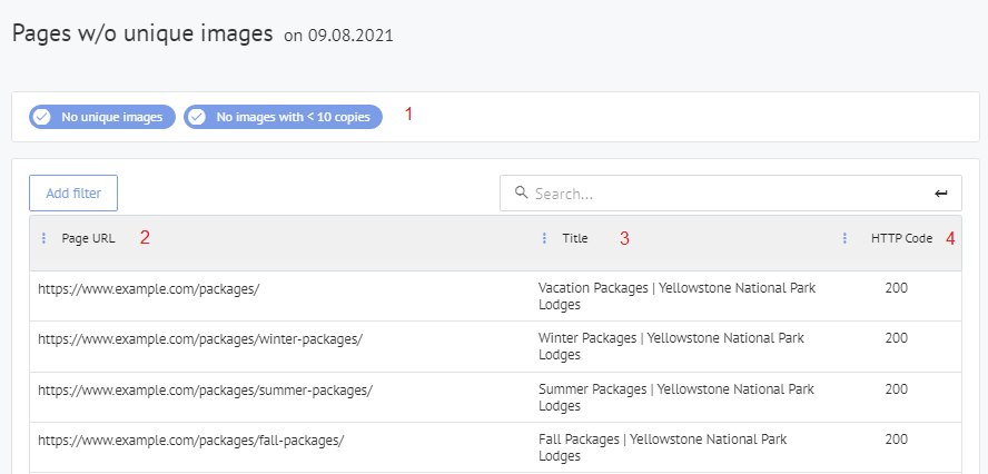 Captura de tela mostrando a interface do relatório de páginas sem imagens únicas, com segmentos de dados, URLs, títulos meta e códigos de resposta